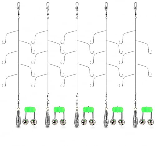 5Set Sea Fishing Rigs, Pre-Tied Flapper Fishing Rigs with Long Shank Hooks, Luminous Beads and Anti-Tangle Swivel Snaps, Saltwater Pulley for Whiting, Flounder