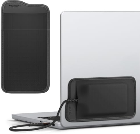 Spigen Stick-On Mouse Holder, Adhesive Organiser Pouch for Laptops, Durable Fabric Sleeve, Premium Pocket fits Magic Mouse, Samsung T7, SanDisk Portable SSD for MacBook Neo Pro Air M4 M5 13 and above