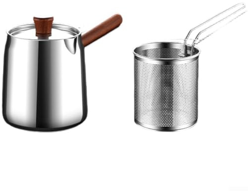 Friteuse en acier inoxydable avec poignée en noyer, panier en maille pour drainage de l'huile, capacité de 1 5 l et 2 0 l pour une utilisation sur plusieurs types de poêles (A-2)