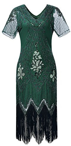 JaosWish Gatsby 1920s Flapper Dress Women Vintage Sequin Fringe Beaded Art Deco Fancy Dress with Sleeve for Party Prom, Green,Dark Green, XL