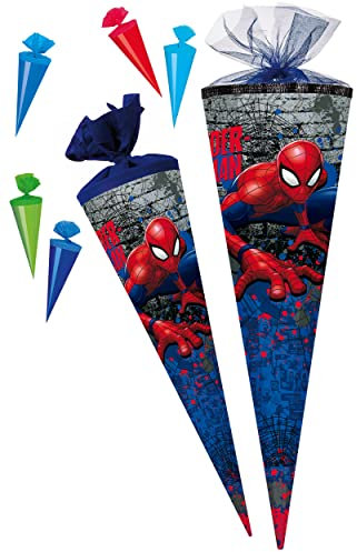 Set Schultüte + 5 kleine Zuckertüten - Spider-Man/Spiderman - 85 cm - eckig - Tüllabschluß - Zuckertüte - mit/ohne Kunststoff Spitze - Nestler - Jun..