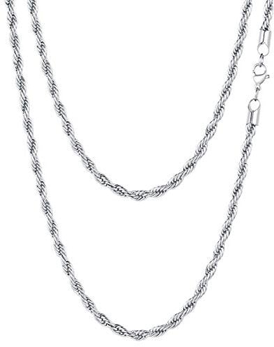 FOCALOOK Mens Silver Rope Chain 18inch 3mm Stainless Steel No Tarnish Thick Twisted Rope Chain Necklace for Husband