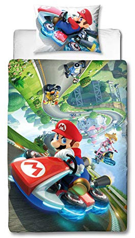 Super Mario Nintendo Kart Housse de Couette réversible Double Face avec taie d'oreiller Assortie, Polycoton Polyester 50% Coton, Multicolore, Simple
