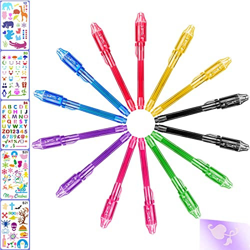 MonQi 14 Stück Geheimstifte mit UV Licht + 5 Zeichenschablonen (Hunderte von Grafikdesigns), Permanent Geheim Stift Unsichtbar Schreiben Stift Für geheime Nachricht Halloween Weihnachten Geburtstag