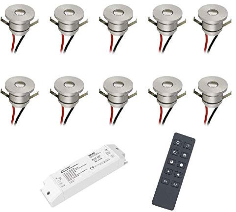 VBLED® LED 10er-Basis-Funkset, Aluminium Mini Einbaustrahler IP44 wassergeschützt - 1W 350mA 80lm warmweiß (3000 K) (10-er Set mit RF Funk Netzteil)