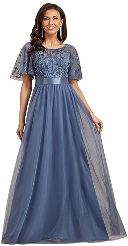 Ever-Pretty A-línea Cuello Redondo Vestido de Noche Encaje Manga Corta Largo para Mujer Dasty Navy 42