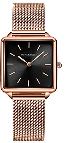 Allskid Femmes Élégant Montres Cadran Carré Acier Inoxydable Engrener Bande de Montre Filles Quartz Montres-Bracelets (28.5mm, Or Rose+Noir)