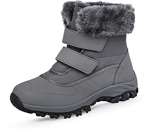 DRECAGE Winterstiefel Wasserdicht Damen Gefüttert Stiefel mit Klettverschluss Boots Schneestiefel Warm rutschfest Grau 41 EU