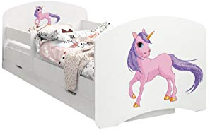 Happy Babies - Doppelseitiges Kinderbett MIT SCHUBLADE Modernes Design mit sicheren Kanten und Absturzsicherung Schaumstoffmatratze 7 cm. (180x90, 29. Einhorn)