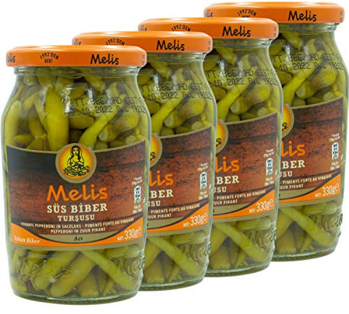 Melis - Scharfe grüne Peperoni eingelegt in Salz - Branntweinessiglake (scharf) - Feine türkische Delikatesse im 4er Set à 330 g Glas