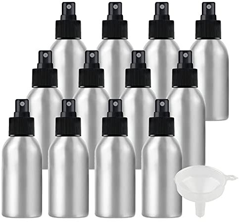 ZEOABSY 24 Piezas Pequeño 100ml Spray de Aluminio Plata Botella de Spray Vacía con Pulverizador Negro de Niebla Fina Atomizador para Perfume Aromaterapia Agua Líquidos Tamaño de Viaje, Embudo