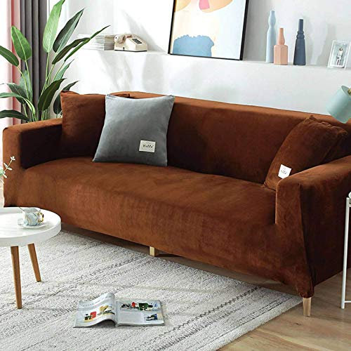 Samt-Sofabezug für 2-, 3-, 4-Sitzer, weicher Plüsch-Sofaschutz, Stretchbezug für Sofa und Armlehnen, wasserabweisend, Möbelschutz, Braun, 3-Sitzer, 190-220 cm