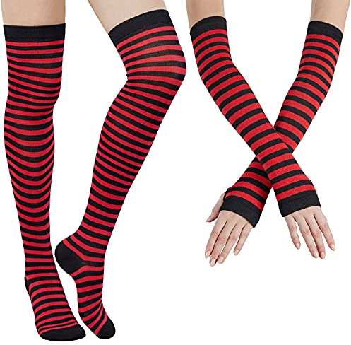 DRESHOW Womens Socks Striped Knee High Socks Arm Warmer Fingerless Gloves Set