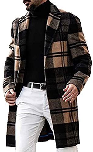 Onsoyours Mantel Herren Slim Fit Lang Wollmantel Business Trenchcoat Plaid Wintermantel Parka Outwear Winter Jacke B Khaki XL