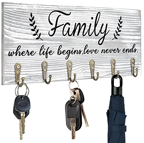 AHYS Panneau rustique en bois pour décoration murale, entrée avec crochets à clés, décoration murale pour salon, chambre à coucher, cuisine avec 6 crochets en métal – Gris