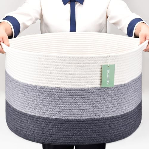 BOSROTY Extra Large Blanket Basket 87L, Laundry Hamper, Baby Nursery Hamper for Storage Toys Clothes Towels, Large Cotton Rope Laundry Basket for Girls Boys, 55 x 35 CM, White & Gray