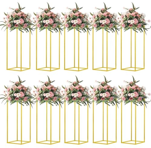 23.6'' 10 pcs Column Vases Gold Centerpieces for Table Metal Flower Stand Gold Wedding Centerpieces for Tables Floor Vase Home Party Wedding Decor Geometric Flower Rack…