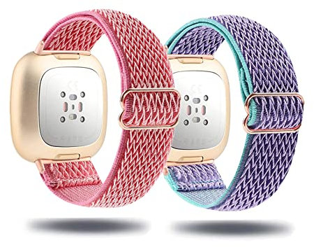 Kemikeji 2 Stück Armbänder für Fitbit Versa 3 Armband /Fitbit Sense Stoff Nylon Solo Loop Set Damen Herren Sport Watch Ersatzarmband Kompatibel mit (4)