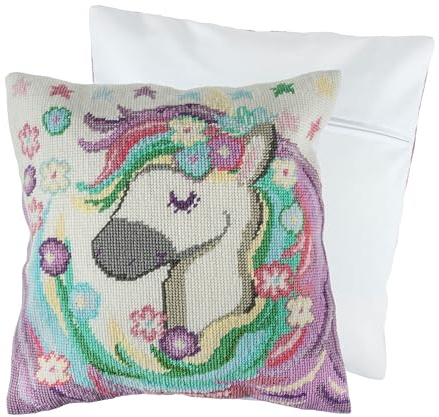Trimits Halbstich Tapisserie Kreuzstich-Kissen-Set, inklusive Kissenrücken, vorbedruckte Leinwand, Faden und Nadel inklusive 40 x 40 cm (15,75 x 15,75 Zoll) - Einhorn