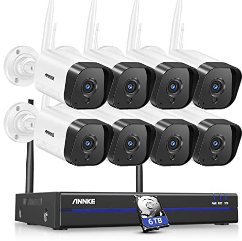 ANNKE 3MP Funk Überwachungskamera Set Aussen, 8CH 5MP NVR mit 8 Pcs 3MP WiFi Kameras, Videoüberwachungs Set mit 6TB Festplatte unterstützt Audioaufzeichnung, IP66 Wetterfest, kompatibel mit Alexa