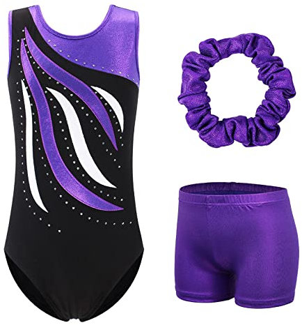 BAOHULU Turnkleidung Mädchen Gymnastikanzug Turnanzug kurz Stickerei Glitzer Tumbling Shorts Hose, Blackpurple Set, 9-10 Jahre