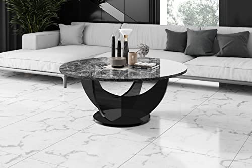 designimpex Design Couchtisch HRC-111 Hochglanz Wohnzimmertisch Highgloss Rund Tisch ?100 cm x 40 cm, Farbe:Marmor dunkel/Schwarz Hochglanz
