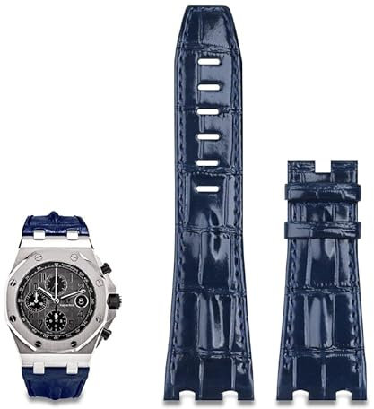 SKM 28 mm importiertes Lederarmband für AP für Audemars Piguet 42 mm für Royal Oak Offshore Uhrenarmband Zubeh?r Dornschlie?e 15710/15703 (Farbe: blaues Armband, Gr??e: mit silberner Schnalle)