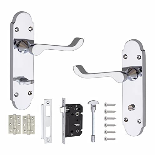 Golden Grace Victorian Epsom Design Scroll Door Handles Bathroom WC Toilet Complete in Polished Chrome with (GG) Bathroom Mortise Lock & 1 Pair of 3 Ball Bearing Hinges