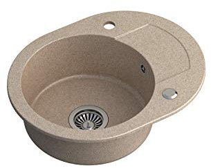 QUADRON fregadero redondo Fregadero de cocina Beige y acero | tamaño 46 X 58.5 X 17.5 Diámetro 38 | JOHNNY 216 Fregadero de granito encastrable con orificio para grifo | Fregadero de un seno