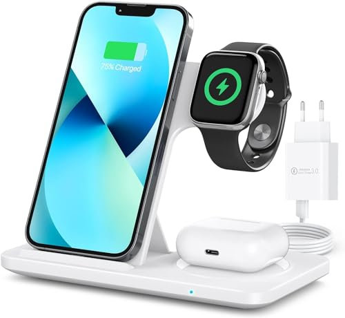 Faltbare 3 in 1 kabellose Ladegerät,Travel Wireless Charger für iPhone 14 13 12 11 Pro Max/Mini/XS/XR,Induktive Ladestation Kompatibel für iWatch 8/7/6/SE/5/4/3/2/AirPods 2/3/Pro