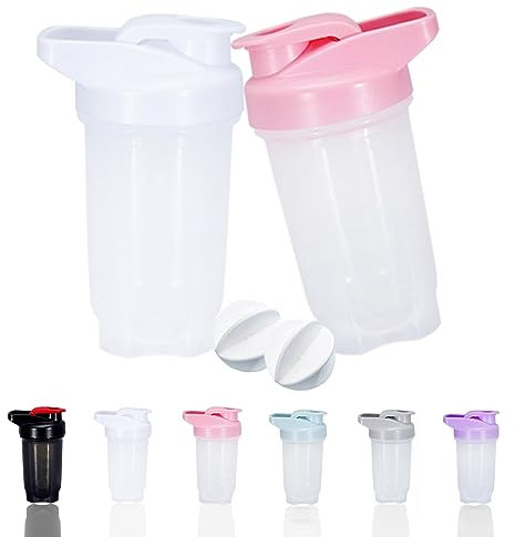 GAISHION Botella mezcladora de proteínas y botella agitadora de 10 onzas/300 ml con bolas batidoras, juego de botellas mezcladoras de proteínas, libre de plástico BPA (blanco + rosa (2 piezas)