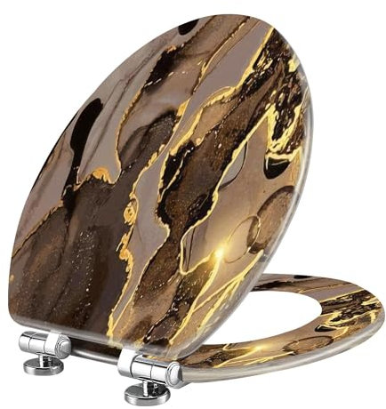 Elongated Toilet Seat Black yellow gold marble abstract Alcohol ink Resin Toilet Seat with Quietly Close Quick Release Hinges Decorative Toilet Seat with Cover Easy to Install Bathroom Decor