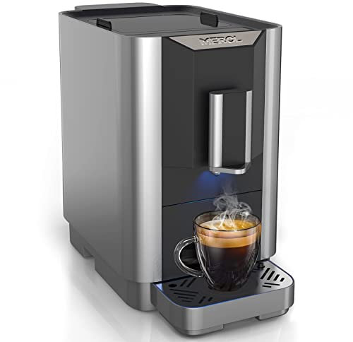 MEROL Super Automatic Espresso Machine, 19 Bar Barista Coffee Maker with Adjustable Grinder, Touch Screen, Silver