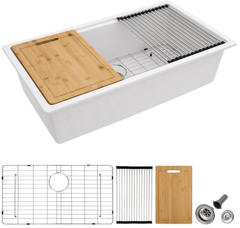 Fulorni - Fregadero de cocina compuesto de granito 30 - Fregadero de cocina de granito de 30 x 19 pulgadas, estación de trabajo de cuarzo blanco, lavabo clásico bajo encimera