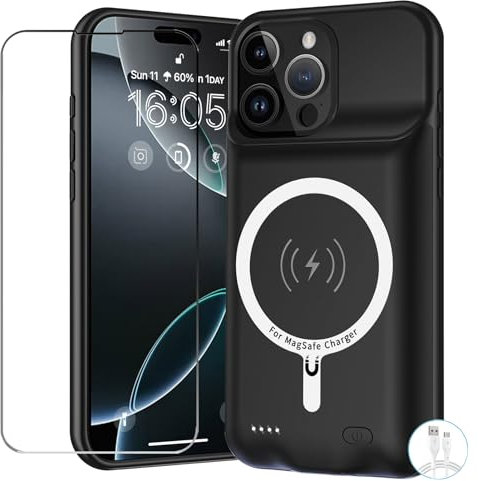 Coque de Batterie pour iPhone 16 Pro Max, 12 000 mAh Avec Chargement Sans Fil, Compatible iPhone 16 Pro Max (6,9) - Chargeur Externe (Noir)