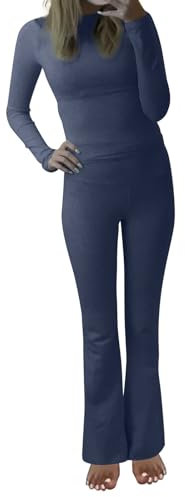 Chanpning Damen Skims Dupe Slim Fit 2 Stück Set Langarm Crop Top und Low Rise Flare Pants Yoga Trainingsanzug Lounge Set