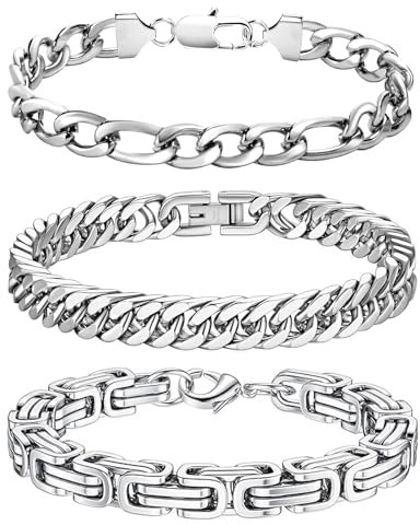 LOCCY Armband Herren, 3 Stück Silber Edelstahl Herrenarmbänder Panzerkette Armband Königskette Armbänder Figaro Kette Gliederarmband für Männer Jungs Papa Sohn Ehemann Freund (Silber-6mm, 19)