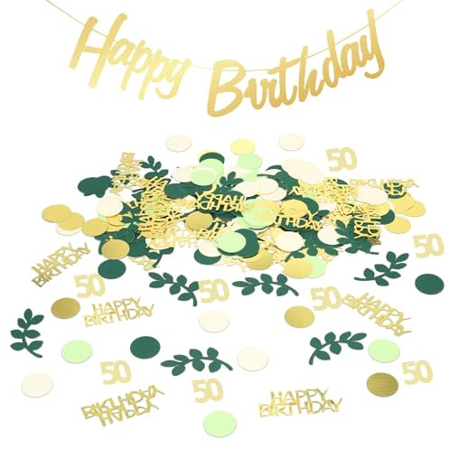 HXJDAM 300 Stück Konfetti Gold Grün, Happy Birthday Banner, Streudeko Tischdeko für Geburtstag Party, 50. Geburtstag Deko
