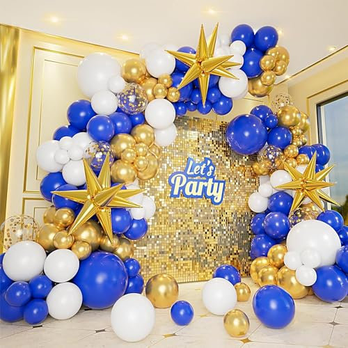 161Pcs Royal Blue White and Gold Balloons Garland Arch Kit with Explosion Star Foil Balloons,5/10/12/18inch Blue Gold Confetti Latex Balloons for Graduation Anniversary Birthday Party Decorations