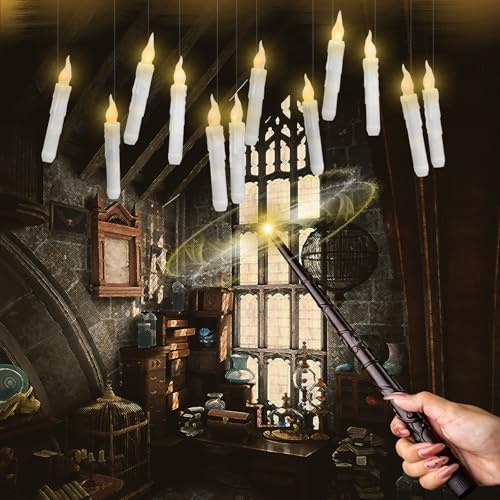 Meschett Floating Candles with Wand Remote,12 Pcs Magic Hanging Flickering Flameless Candles,Warm Light Taper LED Candles Christmas Decor,Battery Operated Window Candle Set for Halloween Decorations