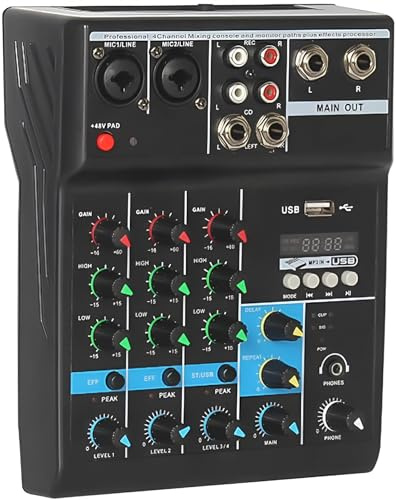 Powerpak F-4A 4 Channels Professional Audio Mixer Console System | Sound Card Digital USB Bluetooth MP3, Computer Input 48V Phantom Power Stereo DJ Studio Streaming FX 16-Bit DSP Processor