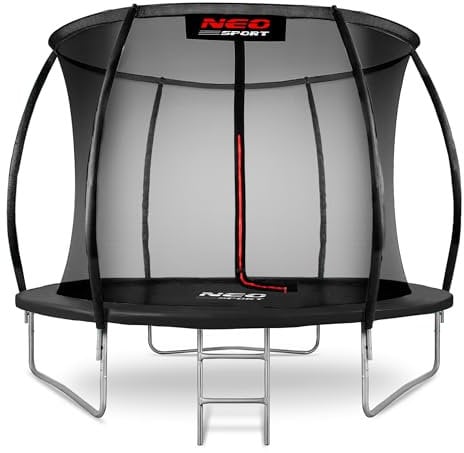 Neo-Sport Trampolin Outdoor Kinder Gartentrampolin Sicherheitsnetz Innen Leiter Gepolsterte Stangen Wetterfest Rostfrei Belastbar bis 150 kg Rot Schwarz 312 cm
