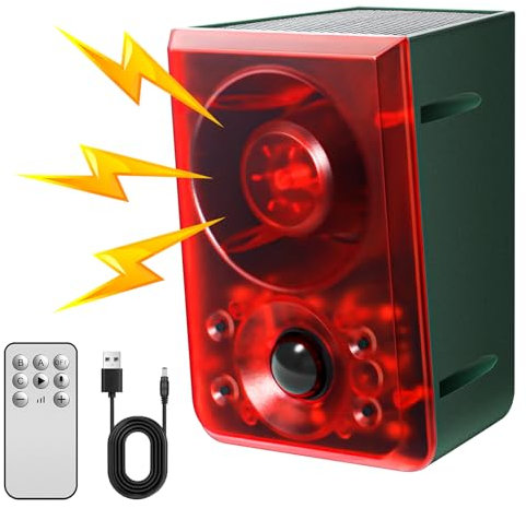 OUDAER Solar Outdoor Motion Sensor Alarm Motion activated deer deterrent Barking dog alarm motion activated-Dog Barking&Gunshot Sound,Support Recording,130db Loud Noise Maker,3 Work Modes Strobe Light