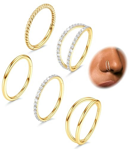CASSIECA 5 Stück Nasenpiercing Chirurgenstahl Doppel Reifen Nasenringe 18G Aufklappbarer Zirkonia Piercing Schmuck Septum Clicker Lippenringe Helix Piercing Conch Piercing Tragus Ohrringe 8 mm