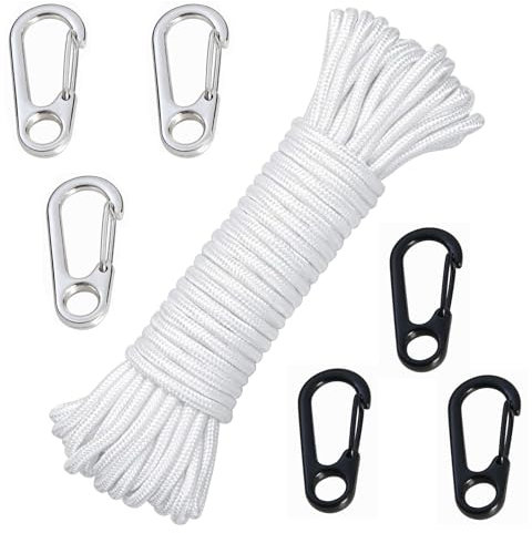 QXCFTW 16M Flag Pole Rope, 6mm Thick Nylon Flag Rope, Flagpole Rope, White Flag Line Halyard Double Braided, Pole Flag Halyard Line, With 6 Flag Pole Clip, for Flagpole Sailboat Garden Camping