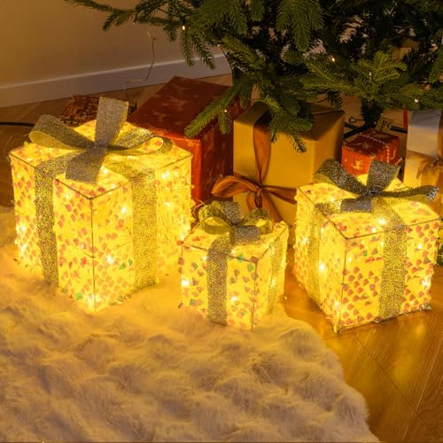 GOPLUS 3er Set LED Geschenkbox, Weihnachtsboxen Deko mit 90 LED-Lichtern warmweiß, beleuchtete Weihnachtsdeko Boxen mit Schleifen & Fischschuppen für Weihnachtsbaum Zuhause Schaufenster Gartenrasen