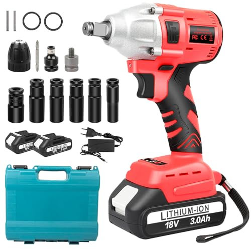 KEATFE Atornillador de impacto con batería, 18 V, sin escobillas, 1/2, con 4 llaves de impacto, incluye batería de 3000 mAh y cargador en maletín de transporte resistente