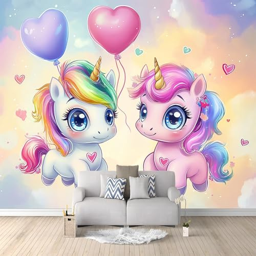 Einhorn Fototapete Fantasy Vlies Tapete Cartoon-Einhorn Ballon 200 x 140 cm, 3D Effekt Wandbild Vlies Wandtapete Moderne Spielzimmer Mural Mädchenzimmer Kinderzimmer TV Hintergrund wandgemälde