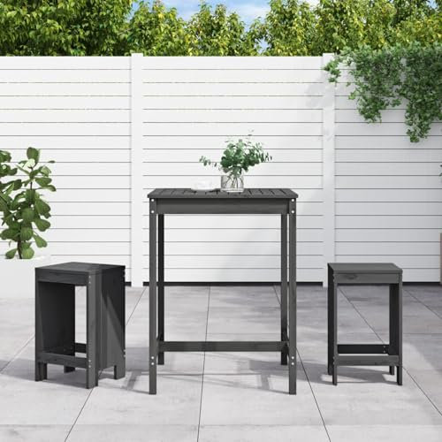 Homgoday 3-TLG. Gartenbar-Set Grau Massivholz Kiefer Bartisch Barstühle Theke Bar Tresen Gartentheke Stehtisch Barhocker Gartenmöbel Sitzgruppe Gartenset