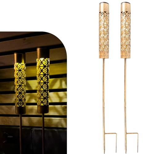 Gadgy Antorchas Solares LED con Efecto Llama – Set de 2 Luces Solares de Jardín Decorativas de Metal – Iluminación Solar para Exteriores – Luces Solares Pequeñas para Terraza, Balcón o Jardín